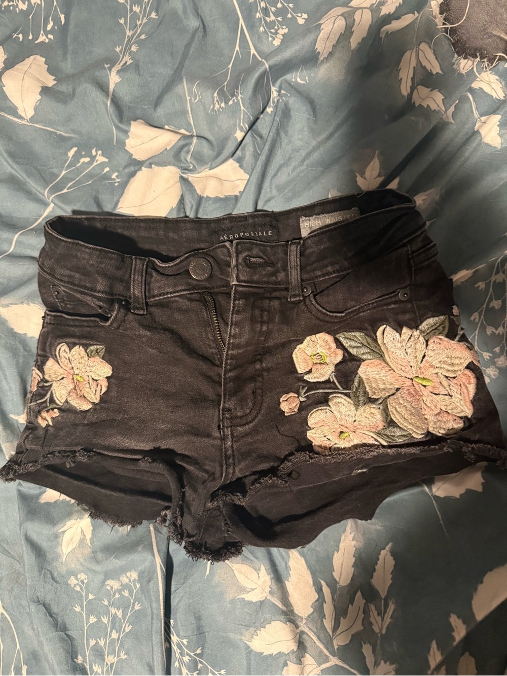 Aeropostale Black Denim Shorts with Pink & Green Floral Embroidery